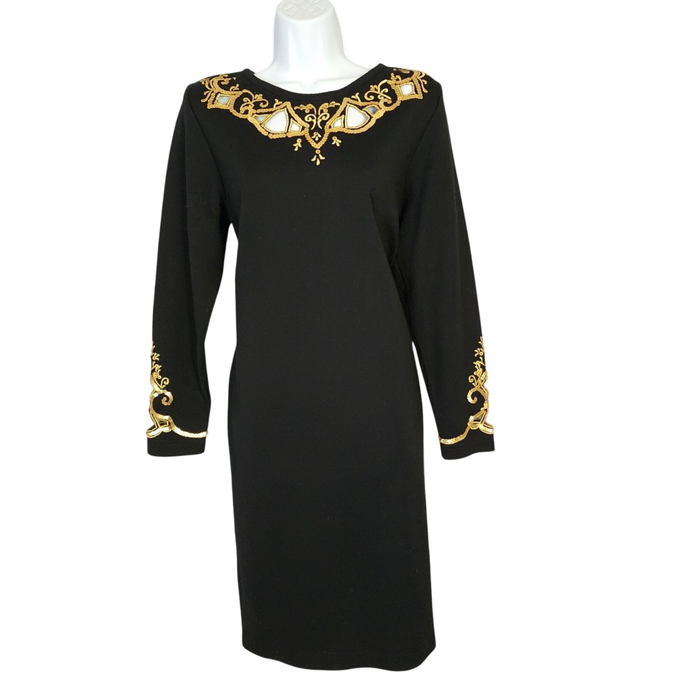 Vtg OUTLANDER Size Medium Black Sequin Embellished 80s Glam Wool Blend Dress EUC